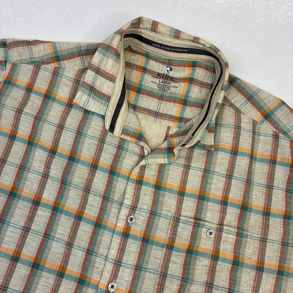 Kuhl Button Up Shirt Mens Large Multicolor Plaid Short Sleeve Cotton Linen Blend